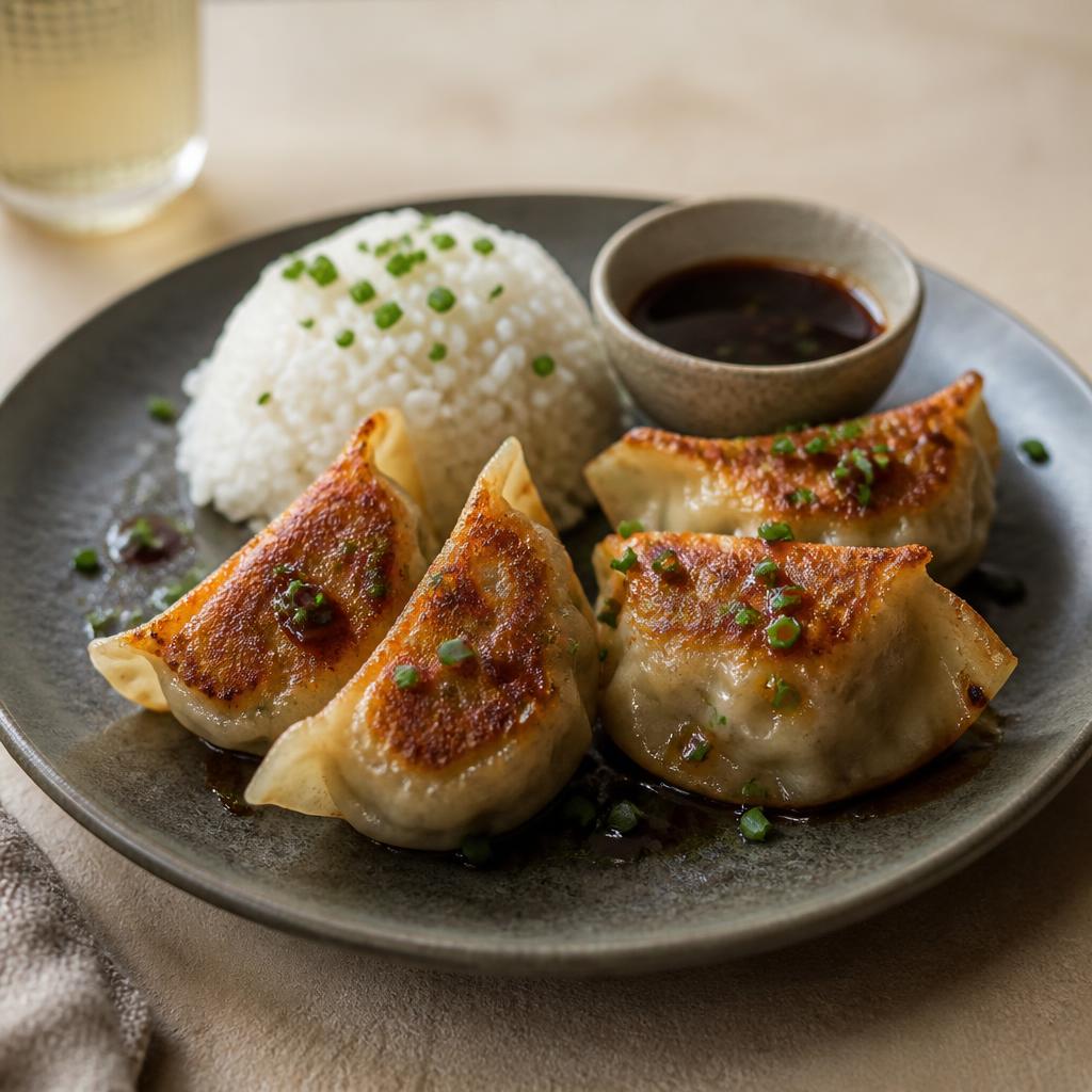 Stekta biffdumplings med ris och teriyakisås