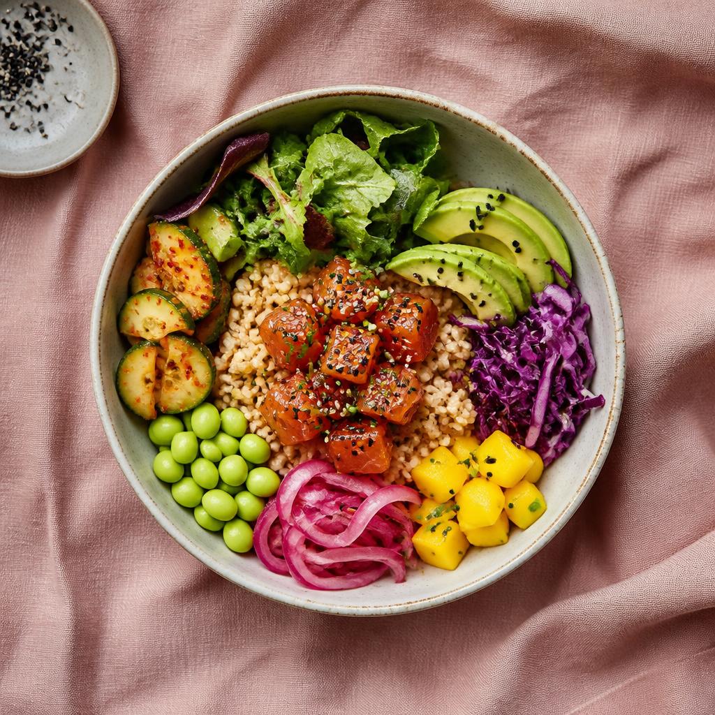 Färgglad poke bowl med avokado, mango och picklad rödlök
