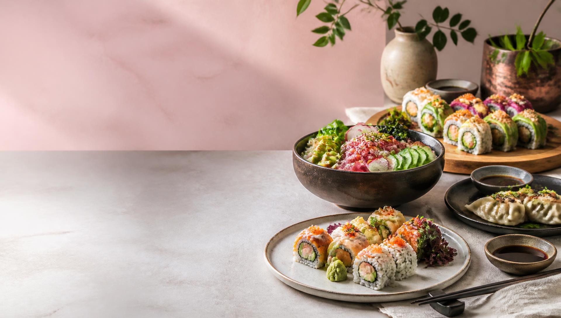 Dukat bord med sushi, dumplings och en färgglad bowl