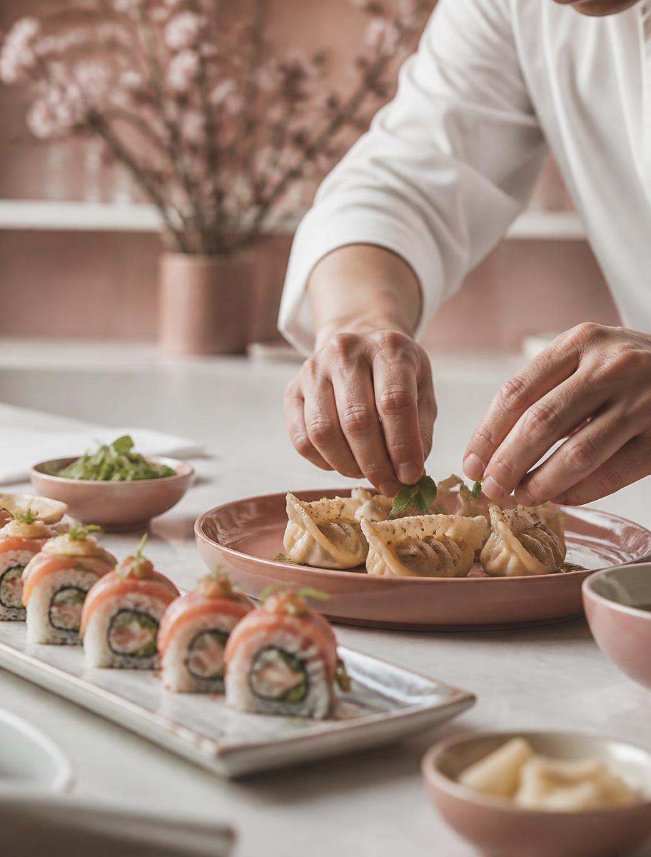 Kock som lägger upp dumplings och sushi i restaurangköket
