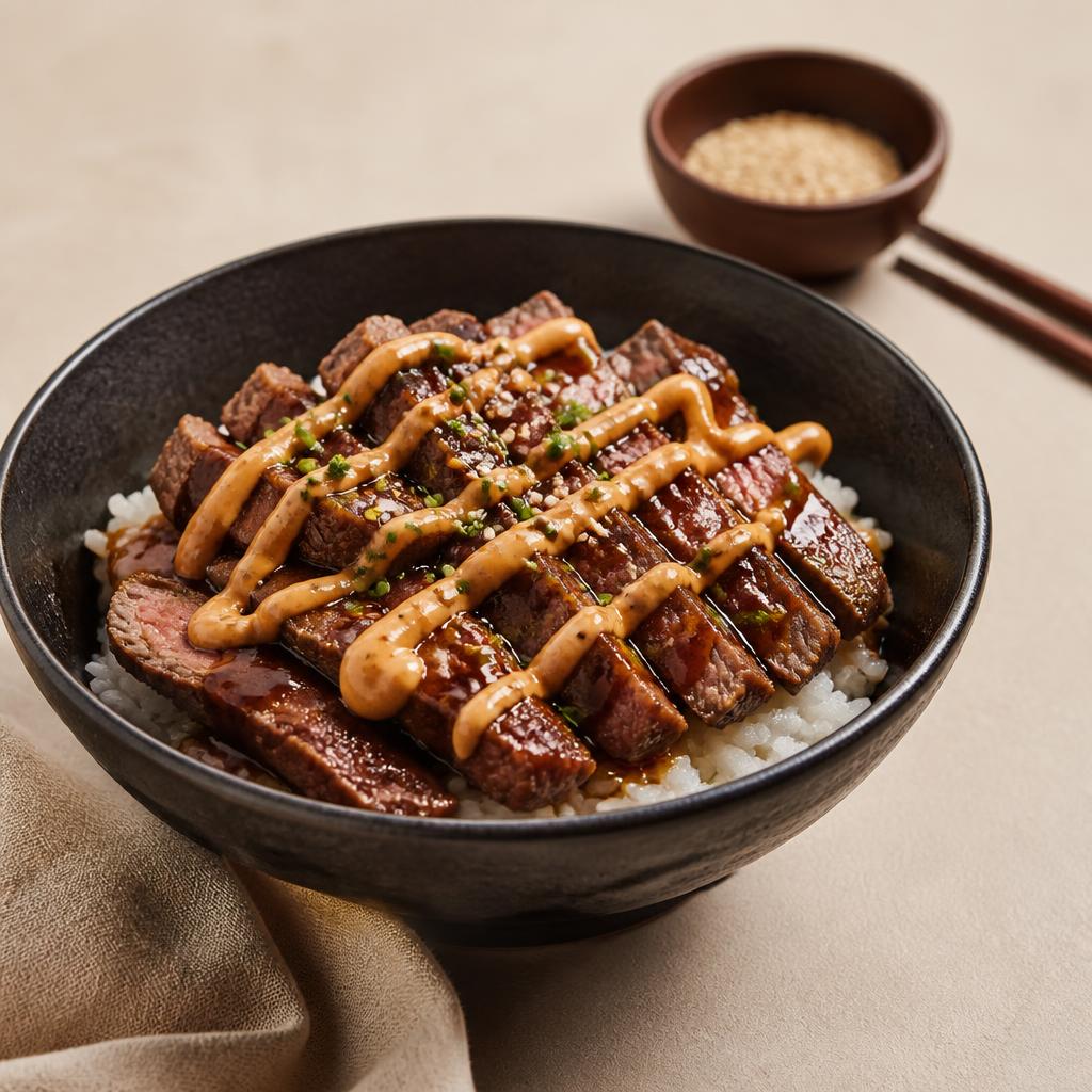 Yakiniku med skivat högrev, ris och teriyakisås